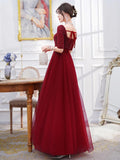 Wine Red Engagement Back Door Evening Dress Female Long Sleeve - Almoni Express