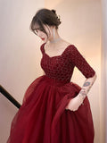 Wine Red Engagement Back Door Evening Dress Female Long Sleeve - Almoni Express