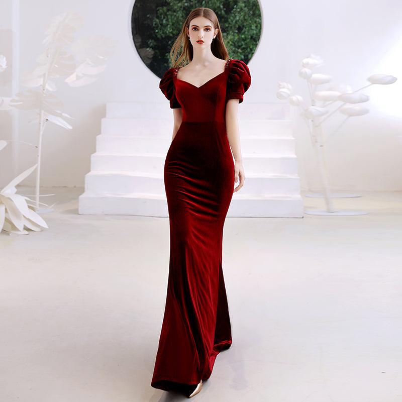 Wine Red Fishtail Evening Dress Woman - Almoni Express