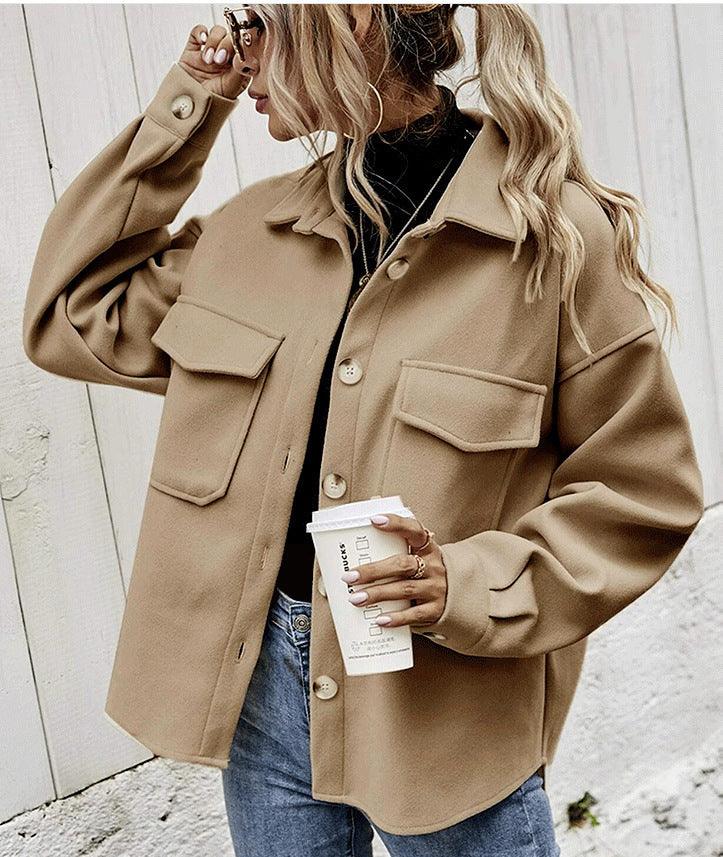 Winter Coat Women Lapel Single-breasted Thickened Solid Color Jacket Woolen Loose Short Coat For Women Fashion Outwear Clothing - Almoni Express