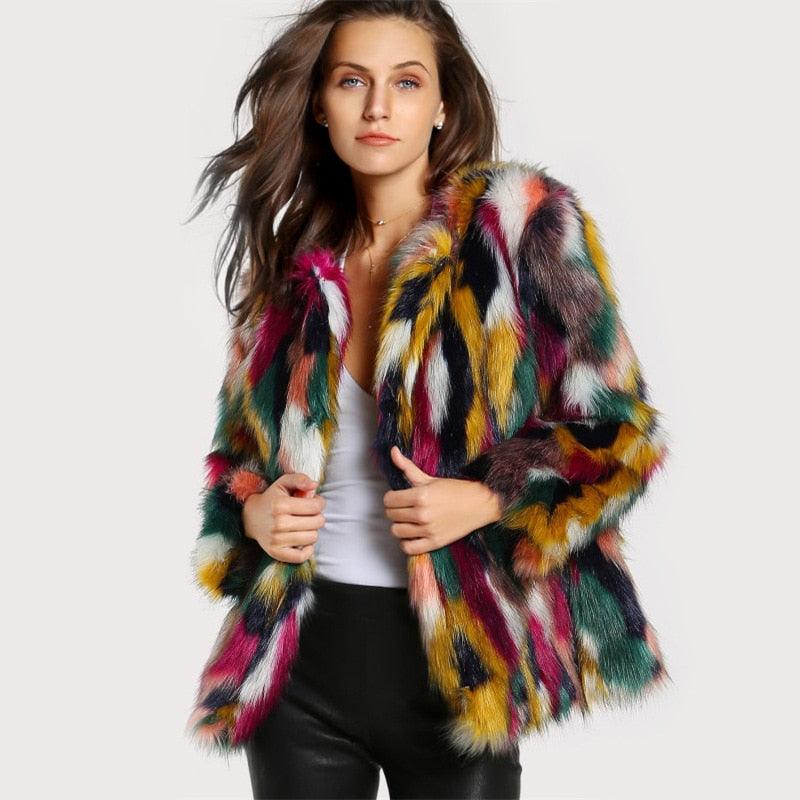 Winter Color Fur Coats Women Elegant Fur Coats Colorful Faux Fur Coat Brand Fashion Long Sleeve Collarless Casual Woman Fur Coat - Almoni Express