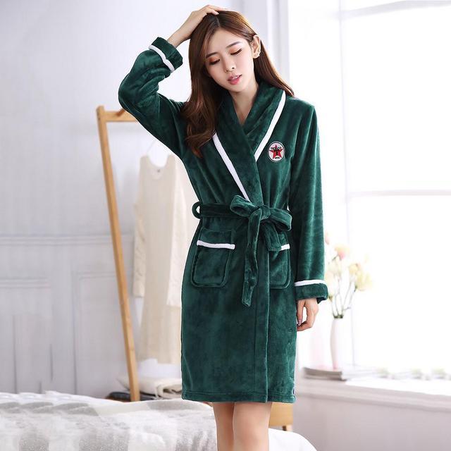 Winter Flannel Lovers Robe Gown Elegant Solid Casual Sleepwe - Almoni Express