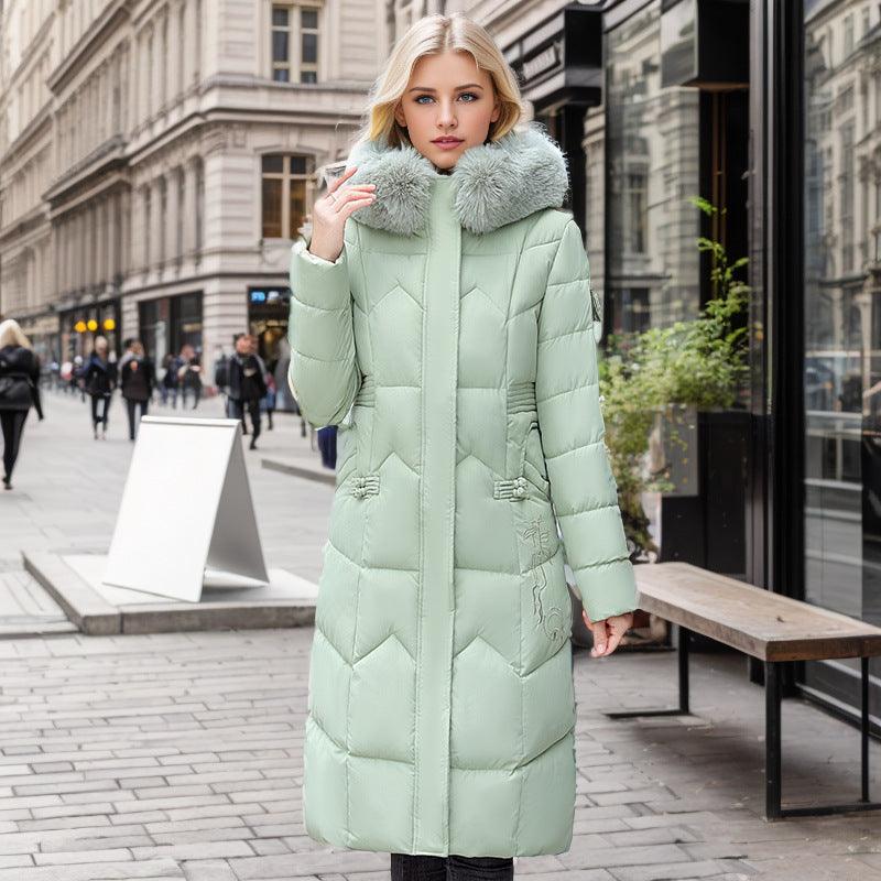 Winter Long Coat With Thickened Fur Collar Straight Slim Cotton-padded Jacket Women - Almoni Express