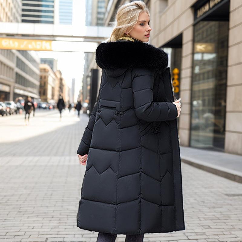 Winter Long Coat With Thickened Fur Collar Straight Slim Cotton-padded Jacket Women - Almoni Express