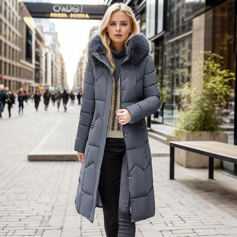 Winter Long Coat With Thickened Fur Collar Straight Slim Cotton-padded Jacket Women - Almoni Express