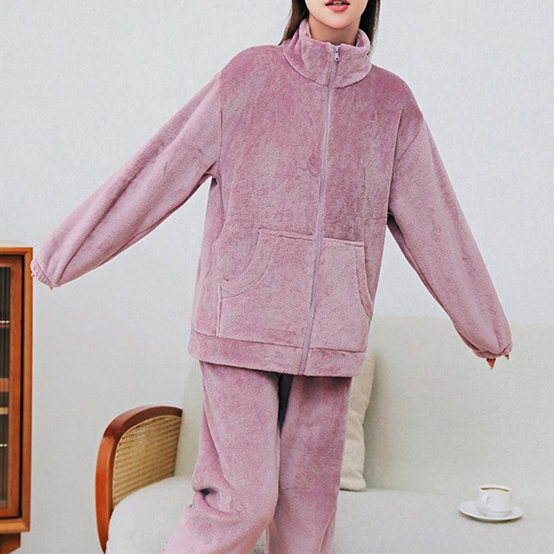 Winter Pajamas Sets Homewear With Pockets Design Thickened Coral Velvet Stand Collar Warm Pajamas Indoor Outdoor Casual Clothes - AL MONI EXPRESS