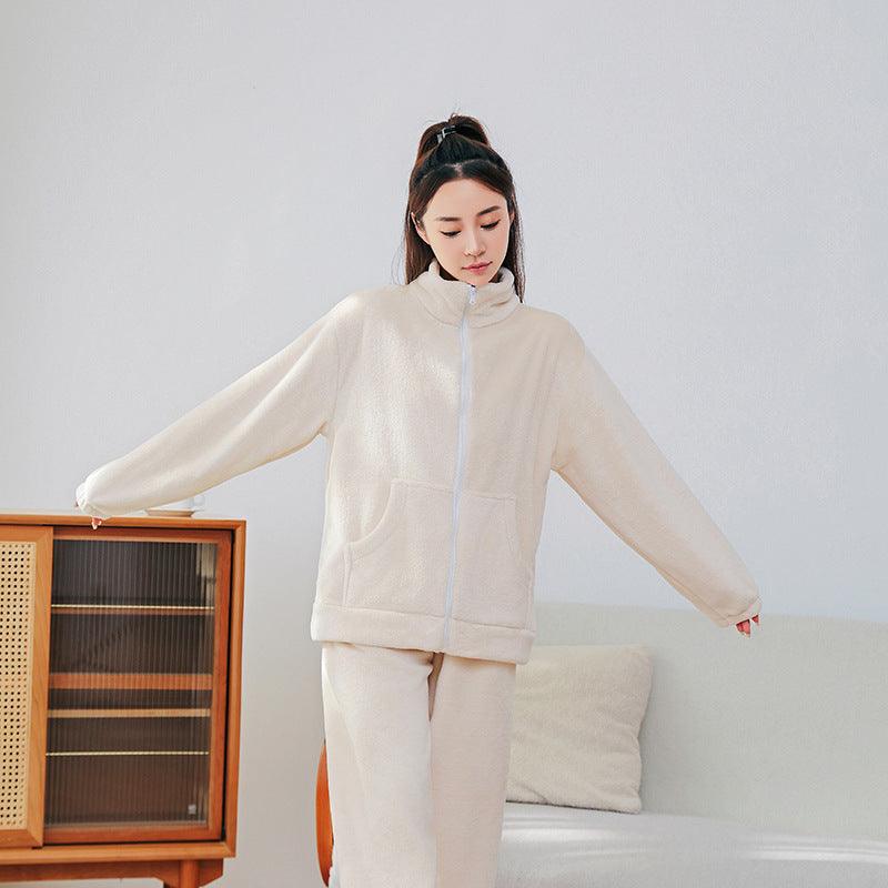 Winter Pajamas Sets Homewear With Pockets Design Thickened Coral Velvet Stand Collar Warm Pajamas Indoor Outdoor Casual Clothes - AL MONI EXPRESS