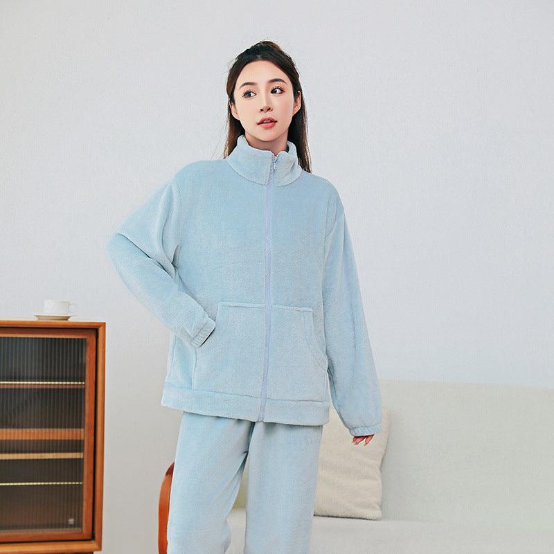 Winter Pajamas Sets Homewear With Pockets Design Thickened Coral Velvet Stand Collar Warm Pajamas Indoor Outdoor Casual Clothes - AL MONI EXPRESS