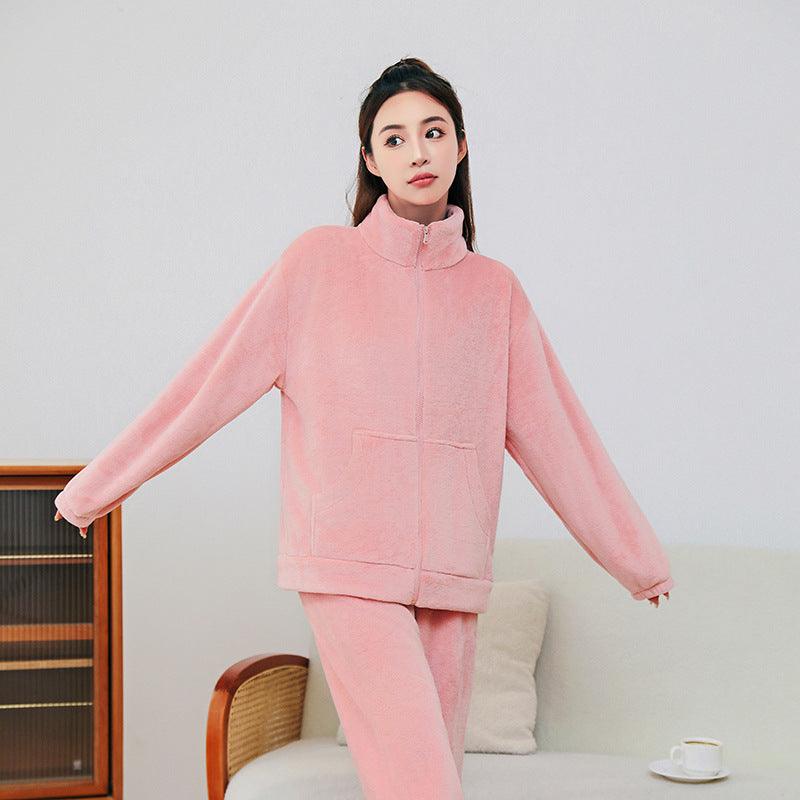 Winter Pajamas Sets Homewear With Pockets Design Thickened Coral Velvet Stand Collar Warm Pajamas Indoor Outdoor Casual Clothes - AL MONI EXPRESS