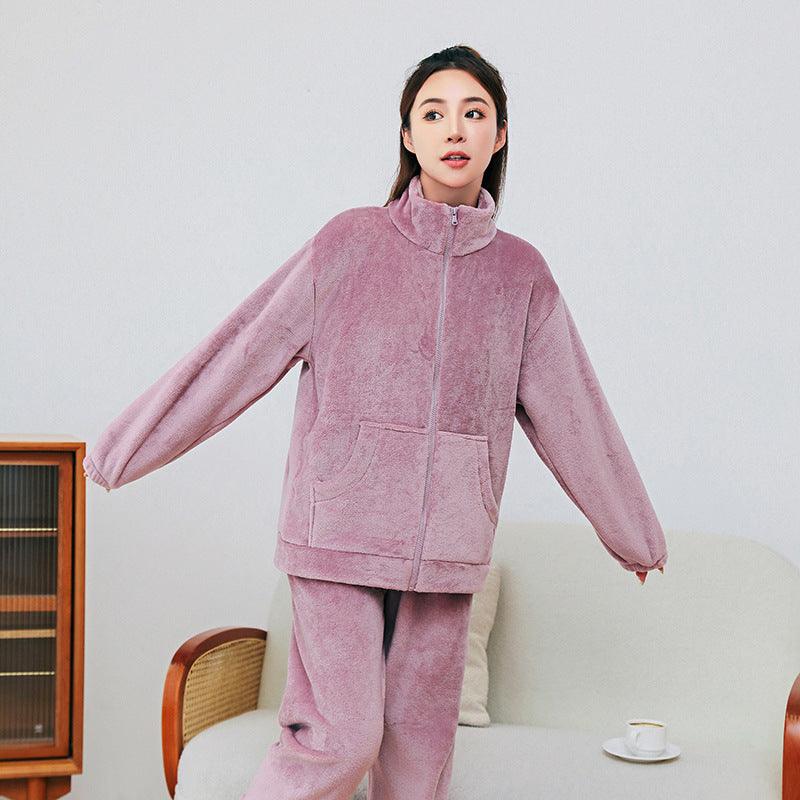 Winter Pajamas Sets Homewear With Pockets Design Thickened Coral Velvet Stand Collar Warm Pajamas Indoor Outdoor Casual Clothes - AL MONI EXPRESS