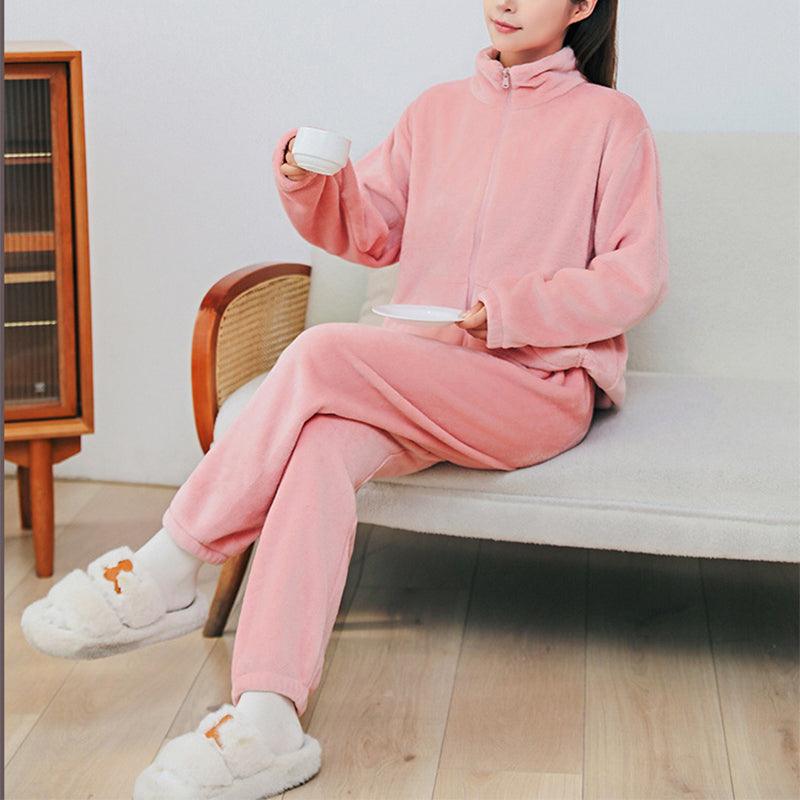 Winter Pajamas Sets Homewear With Pockets Design Thickened Coral Velvet Stand Collar Warm Pajamas Indoor Outdoor Casual Clothes - AL MONI EXPRESS