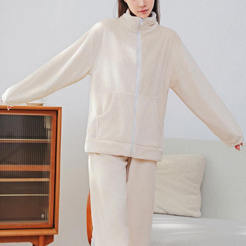 Winter Pajamas Sets Homewear With Pockets Design Thickened Coral Velvet Stand Collar Warm Pajamas Indoor Outdoor Casual Clothes - AL MONI EXPRESS