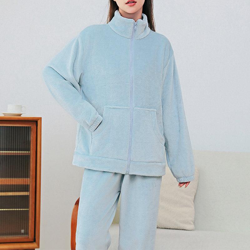 Winter Pajamas Sets Homewear With Pockets Design Thickened Coral Velvet Stand Collar Warm Pajamas Indoor Outdoor Casual Clothes - AL MONI EXPRESS