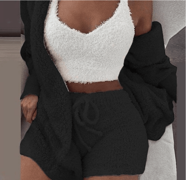 Winter Sexy Women Home Wear Suit Casual Pajamas Set Lady Female Soft Warm Long Sleeve Exposed Navel Vest Shorts Set - AL MONI EXPRESS