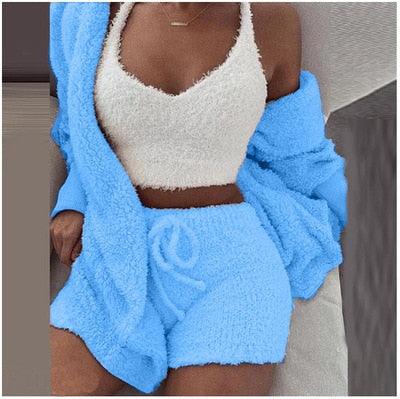 Winter Sexy Women Home Wear Suit Casual Pajamas Set Lady Female Soft Warm Long Sleeve Exposed Navel Vest Shorts Set - AL MONI EXPRESS