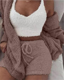 Winter Sexy Women Home Wear Suit Casual Pajamas Set Lady Female Soft Warm Long Sleeve Exposed Navel Vest Shorts Set - AL MONI EXPRESS