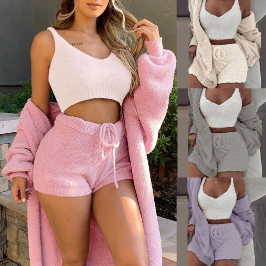 Winter Sexy Women Home Wear Suit Casual Pajamas Set Lady Female Soft Warm Long Sleeve Exposed Navel Vest Shorts Set - AL MONI EXPRESS