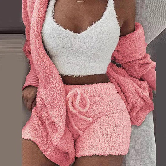 Winter Sexy Women Home Wear Suit Casual Pajamas Set Lady Female Soft Warm Long Sleeve Exposed Navel Vest Shorts Set - AL MONI EXPRESS