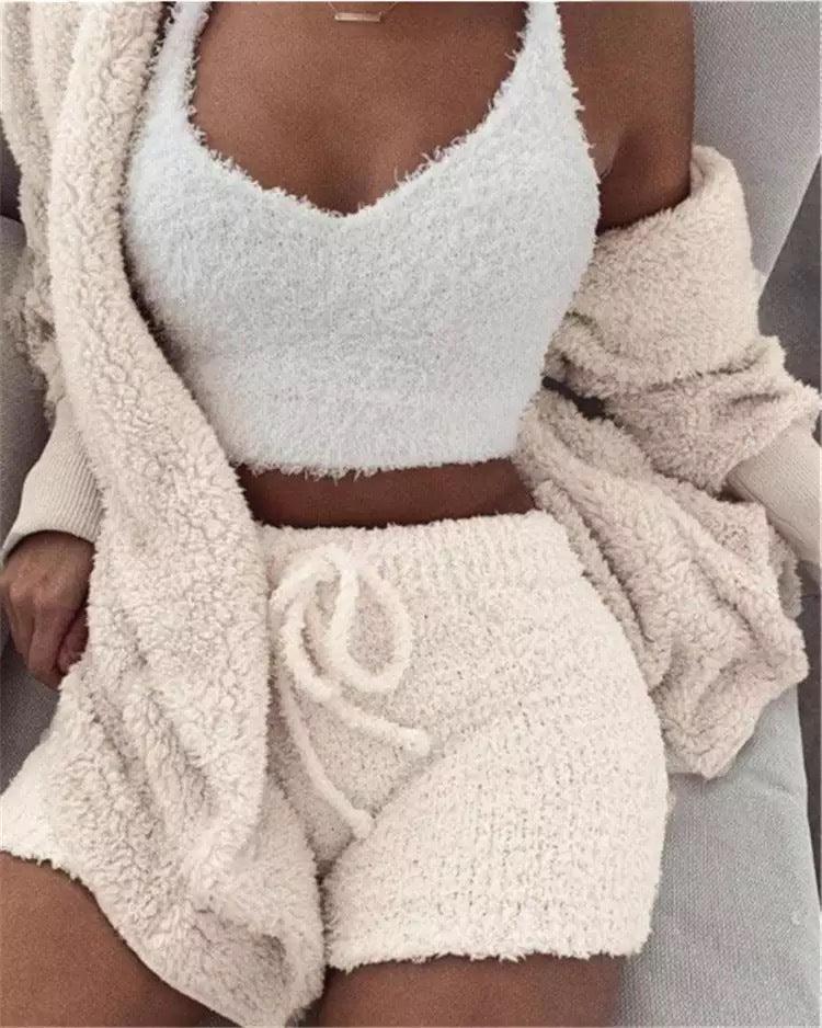 Winter Sexy Women Home Wear Suit Casual Pajamas Set Lady Female Soft Warm Long Sleeve Exposed Navel Vest Shorts Set - AL MONI EXPRESS