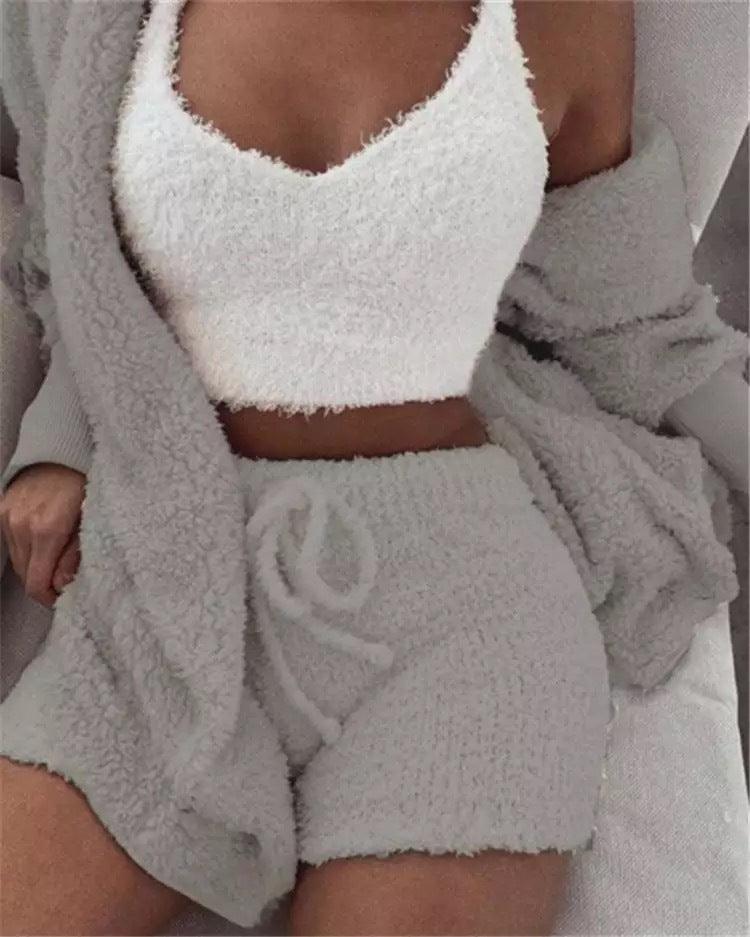 Winter Sexy Women Home Wear Suit Casual Pajamas Set Lady Female Soft Warm Long Sleeve Exposed Navel Vest Shorts Set - AL MONI EXPRESS