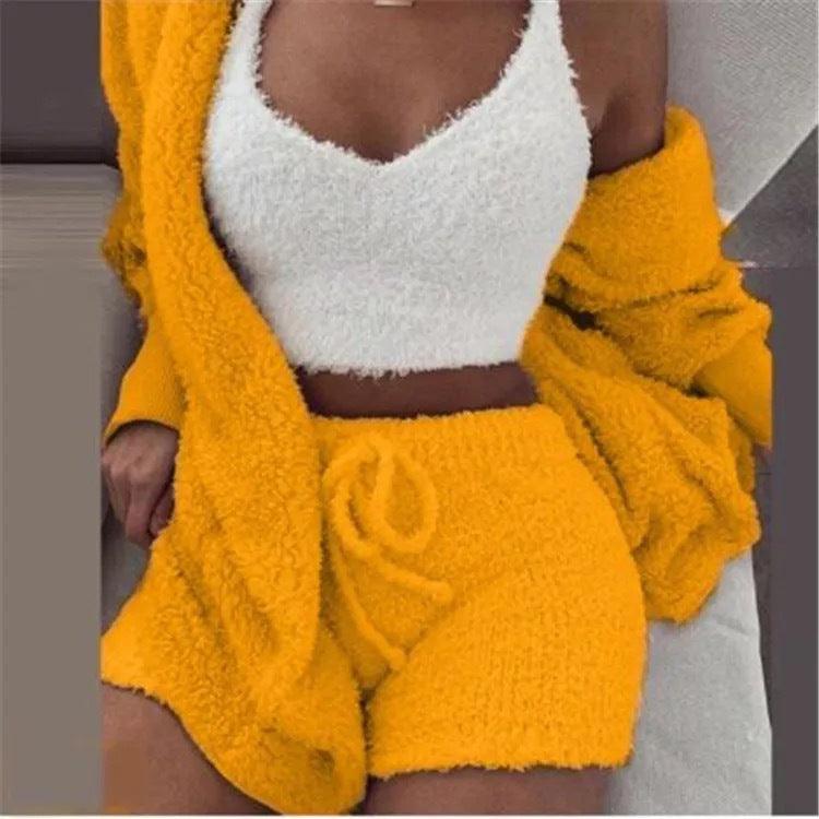 Winter Sexy Women Home Wear Suit Casual Pajamas Set Lady Female Soft Warm Long Sleeve Exposed Navel Vest Shorts Set - AL MONI EXPRESS