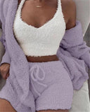 Winter Sexy Women Home Wear Suit Casual Pajamas Set Lady Female Soft Warm Long Sleeve Exposed Navel Vest Shorts Set - AL MONI EXPRESS