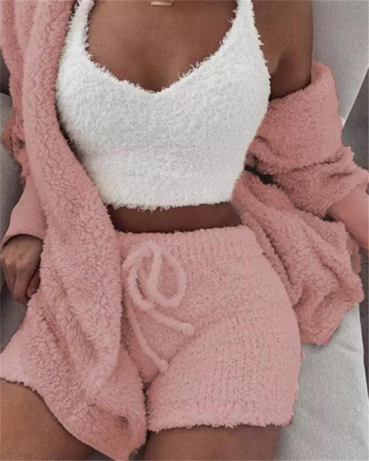 Winter Sexy Women Home Wear Suit Casual Pajamas Set Lady Female Soft Warm Long Sleeve Exposed Navel Vest Shorts Set - AL MONI EXPRESS