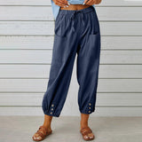 Women Drawstring Tie Pants Spring Summer Cotton And Linen Trousers With Pockets Button - AL MONI EXPRESS