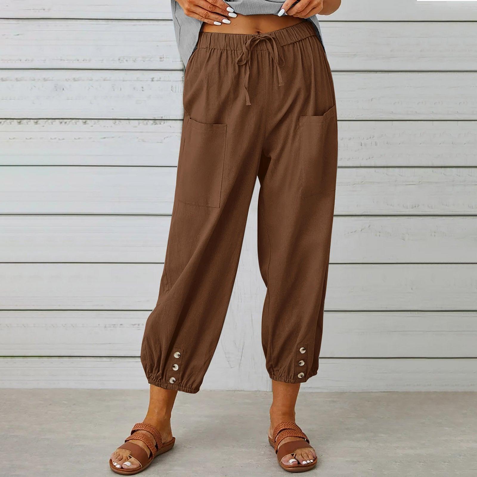 Women Drawstring Tie Pants Spring Summer Cotton And Linen Trousers With Pockets Button - AL MONI EXPRESS