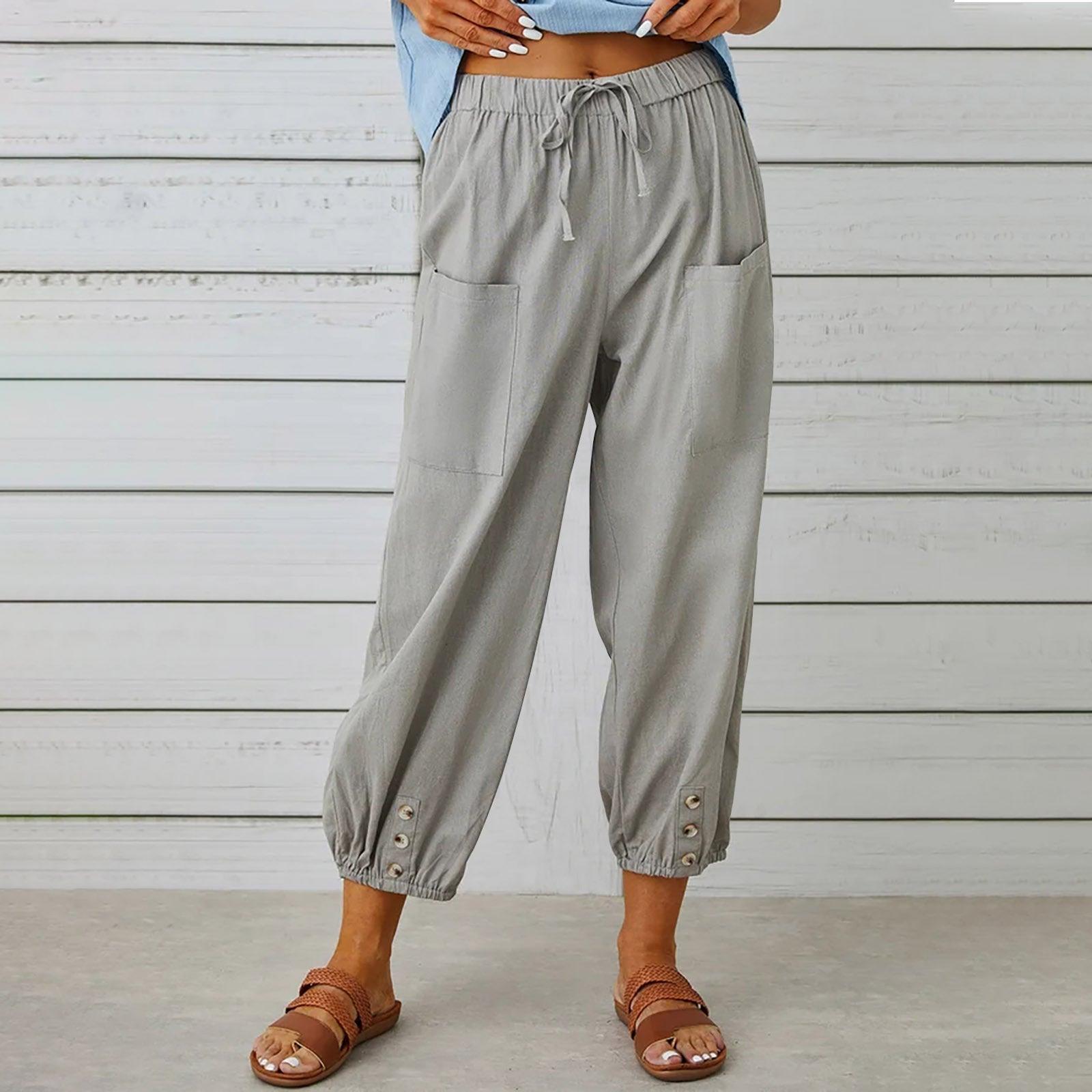 Women Drawstring Tie Pants Spring Summer Cotton And Linen Trousers With Pockets Button - AL MONI EXPRESS