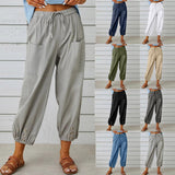 Women Drawstring Tie Pants Spring Summer Cotton And Linen Trousers With Pockets Button - AL MONI EXPRESS