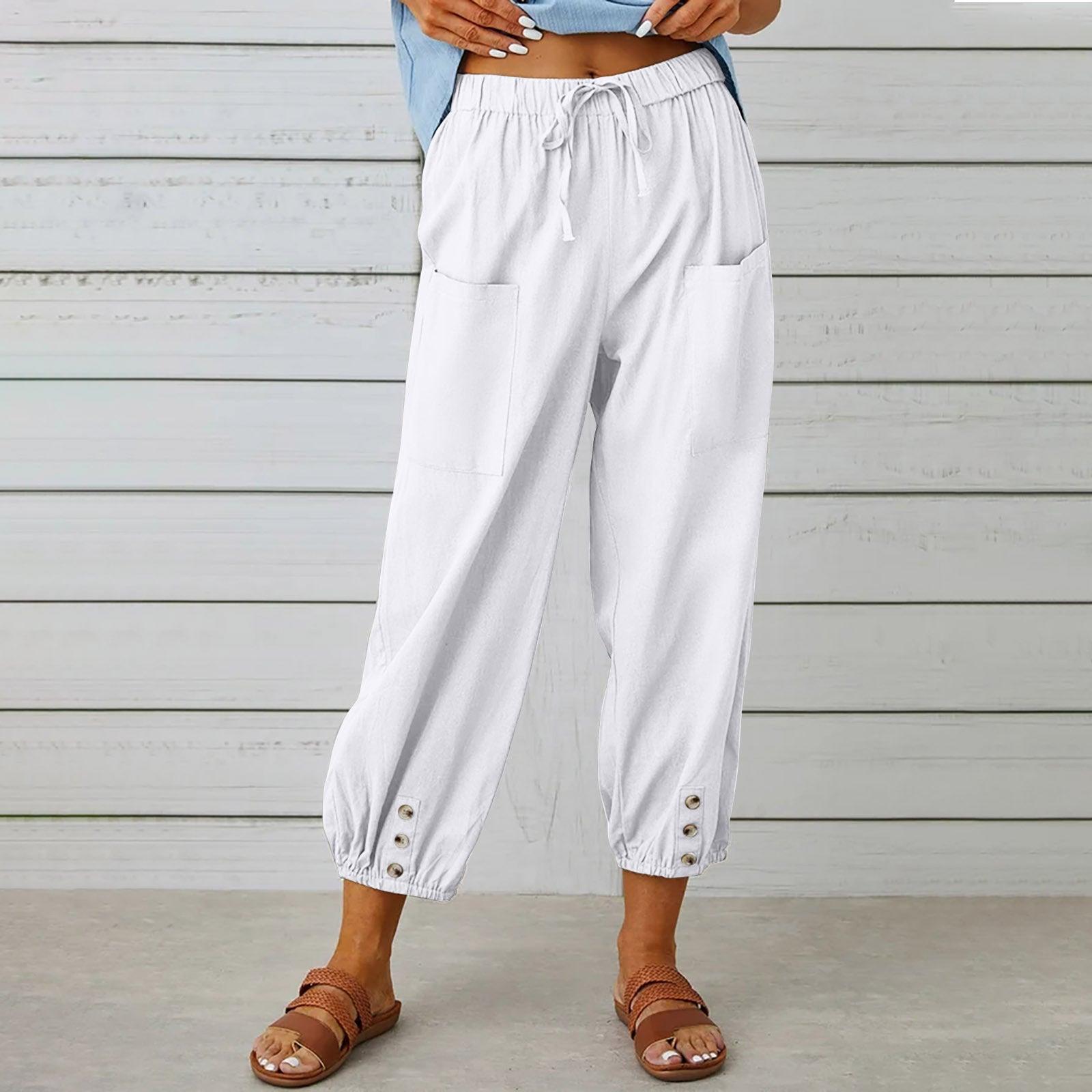 Women Drawstring Tie Pants Spring Summer Cotton And Linen Trousers With Pockets Button - AL MONI EXPRESS