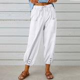 Women Drawstring Tie Pants Spring Summer Cotton And Linen Trousers With Pockets Button - AL MONI EXPRESS