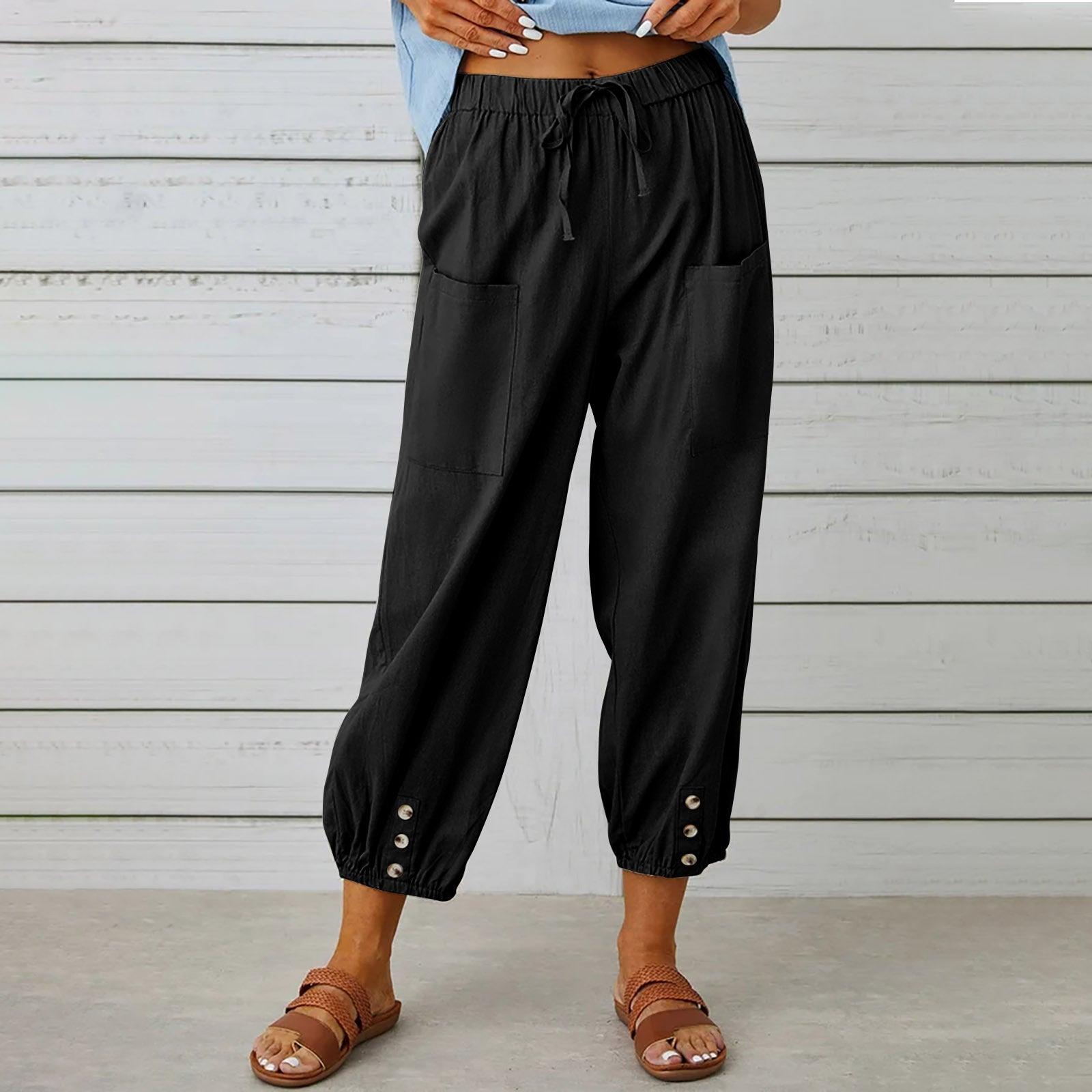 Women Drawstring Tie Pants Spring Summer Cotton And Linen Trousers With Pockets Button - AL MONI EXPRESS