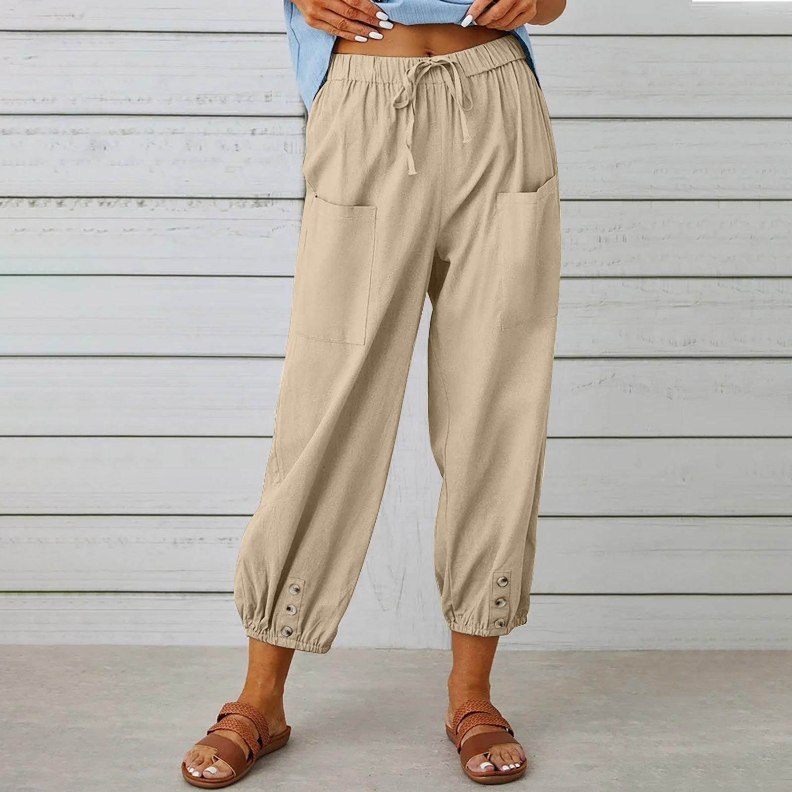 Women Drawstring Tie Pants Spring Summer Cotton And Linen Trousers With Pockets Button - AL MONI EXPRESS