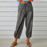 Women Drawstring Tie Pants Spring Summer Cotton And Linen Trousers With Pockets Button - AL MONI EXPRESS