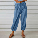 Women Drawstring Tie Pants Spring Summer Cotton And Linen Trousers With Pockets Button - AL MONI EXPRESS