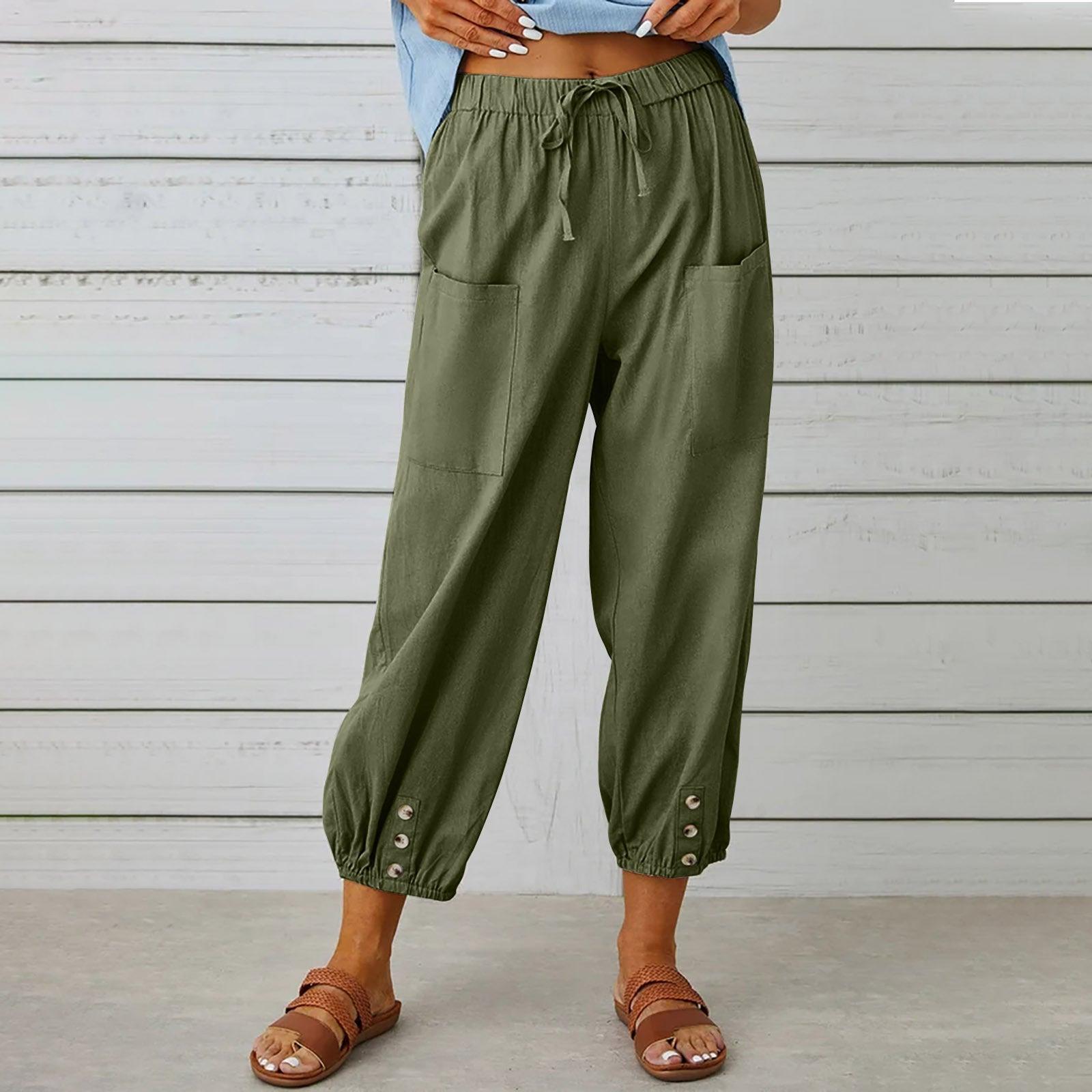 Women Drawstring Tie Pants Spring Summer Cotton And Linen Trousers With Pockets Button - AL MONI EXPRESS