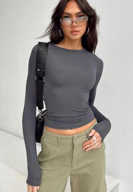 Women's Clothing Fashion Slim Long-sleeved Pullovers Tops Solid Causal Fit Shirts - AL MONI EXPRESS