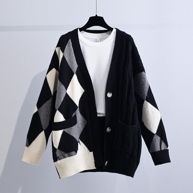 Women's Fashion Loose Retro V-Neck Lingerie Knit Cardigan - Almoni Express