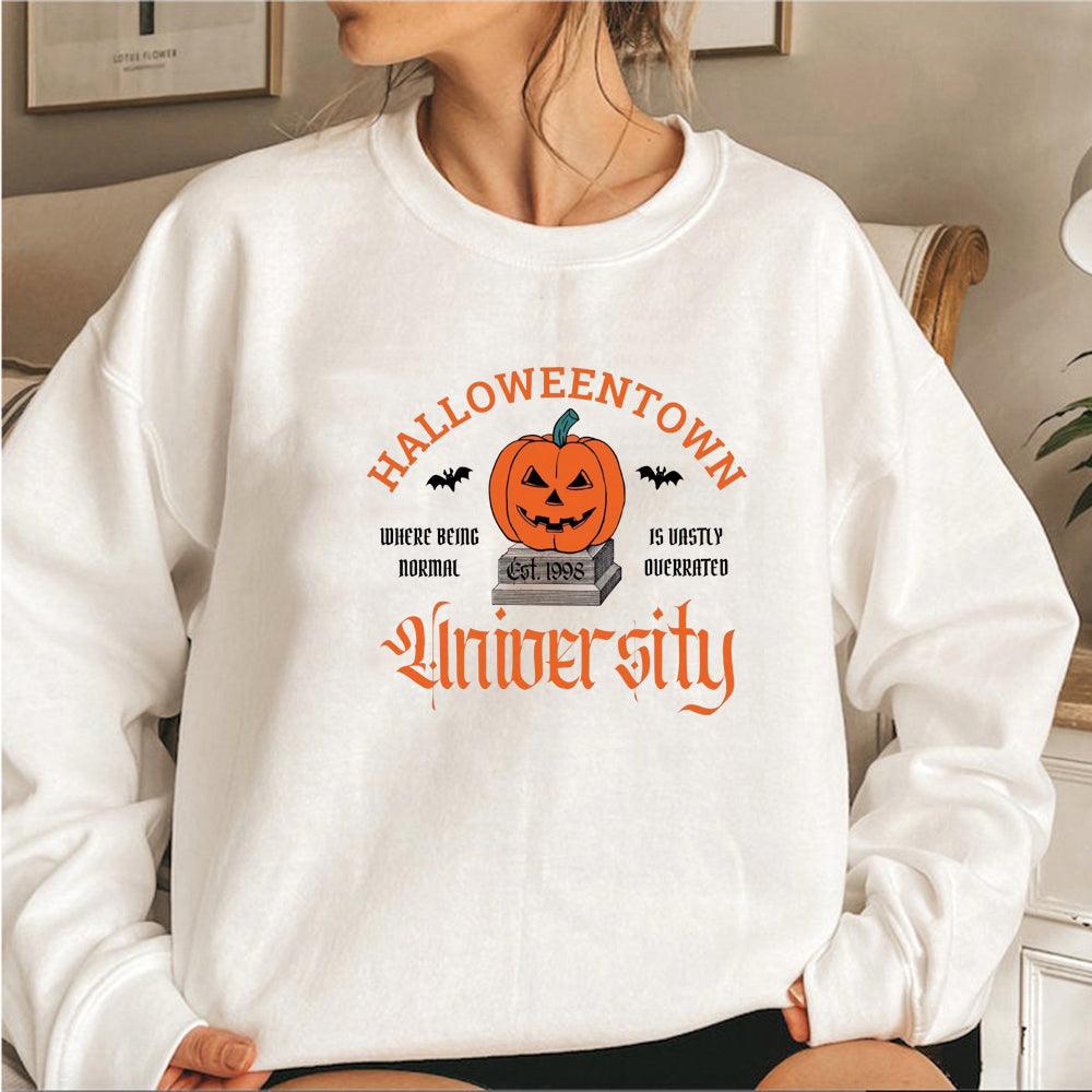 Women's Halloween Print Pumpkin Crew Neck Sweatshirt - Almoni Express