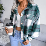 Women's Long Sleeve Plaid Coat Jacket - Almoni Express