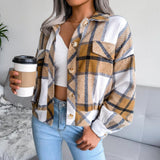 Women's Long Sleeve Plaid Coat Jacket - Almoni Express