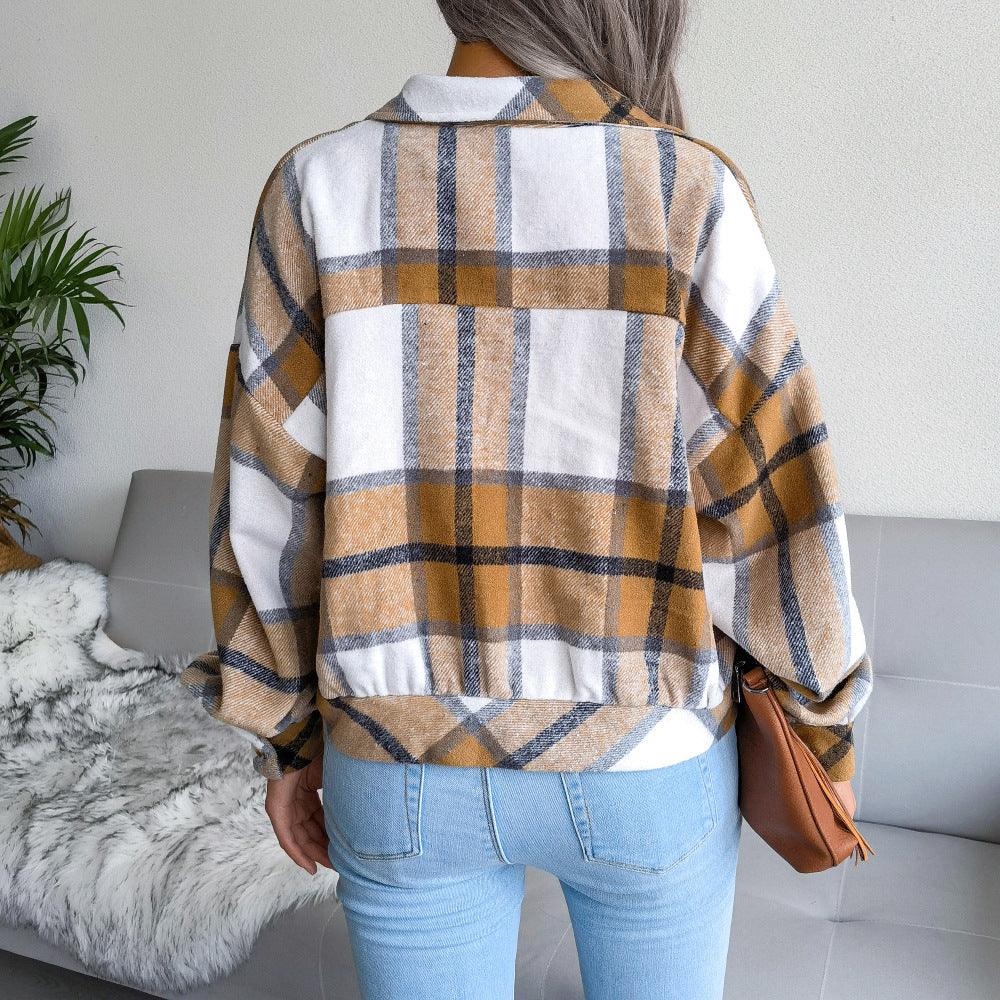 Women's Long Sleeve Plaid Coat Jacket - Almoni Express