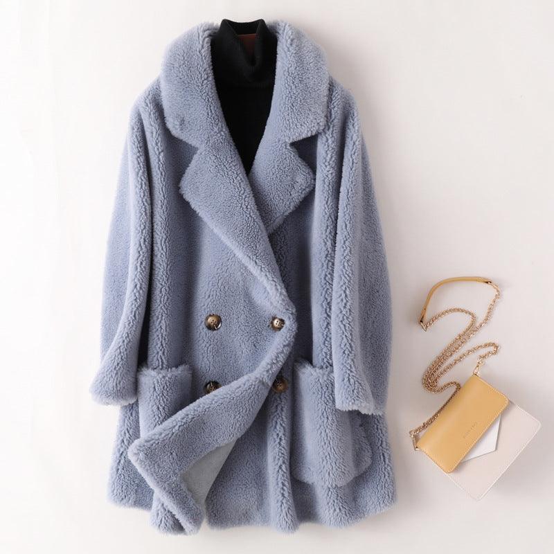 Women's Mid-length Loose Wool Sheep Shearing Coat - Almoni Express