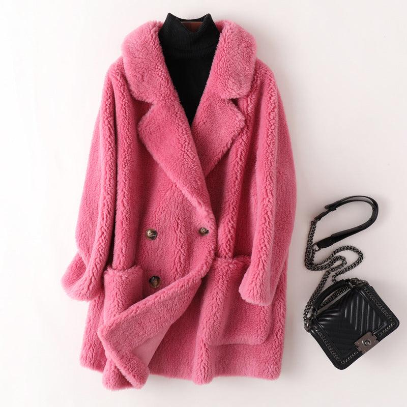 Women's Mid-length Loose Wool Sheep Shearing Coat - Almoni Express