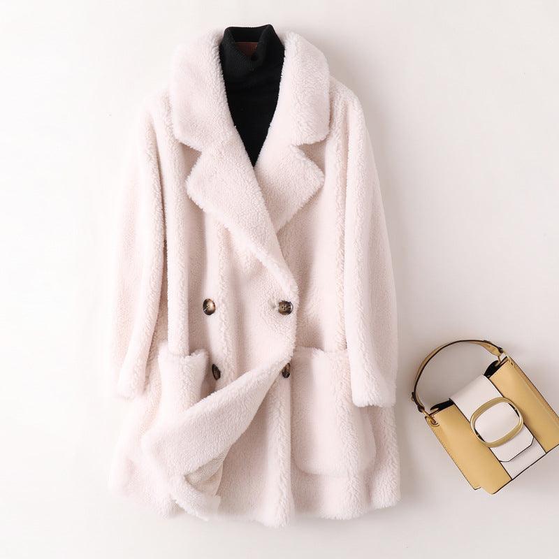 Women's Mid-length Loose Wool Sheep Shearing Coat - Almoni Express