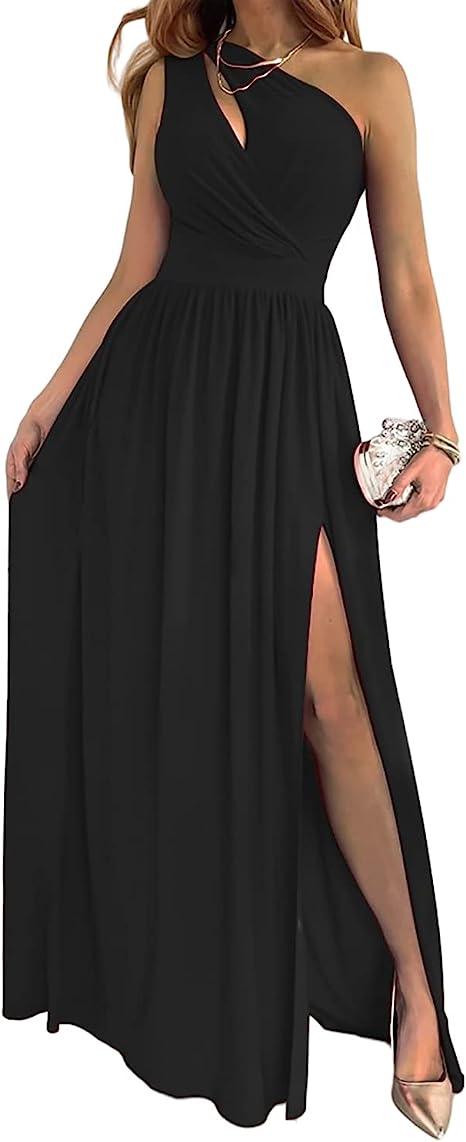 Women's One Shoulder High Split Cutout Sleeveless Elegant Sexy Cocktail Maxi Dress - Almoni Express