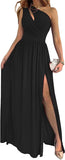 Women's One Shoulder High Split Cutout Sleeveless Elegant Sexy Cocktail Maxi Dress - Almoni Express