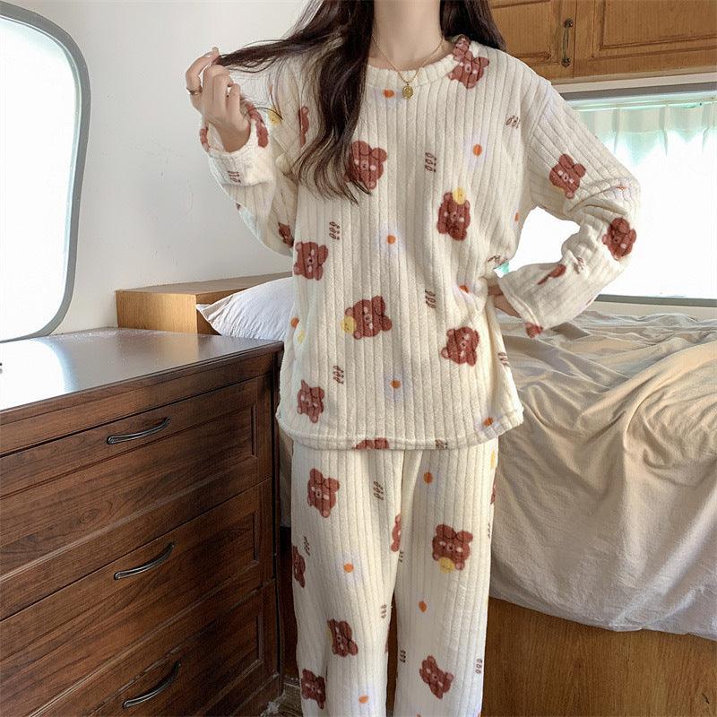 Women's Pajamas Autumn Winter Warm Pyjamas Sets Thick Coral Long Sleeve Cute Cartoon Bear Sleepwear Home Nightclothes - AL MONI EXPRESS